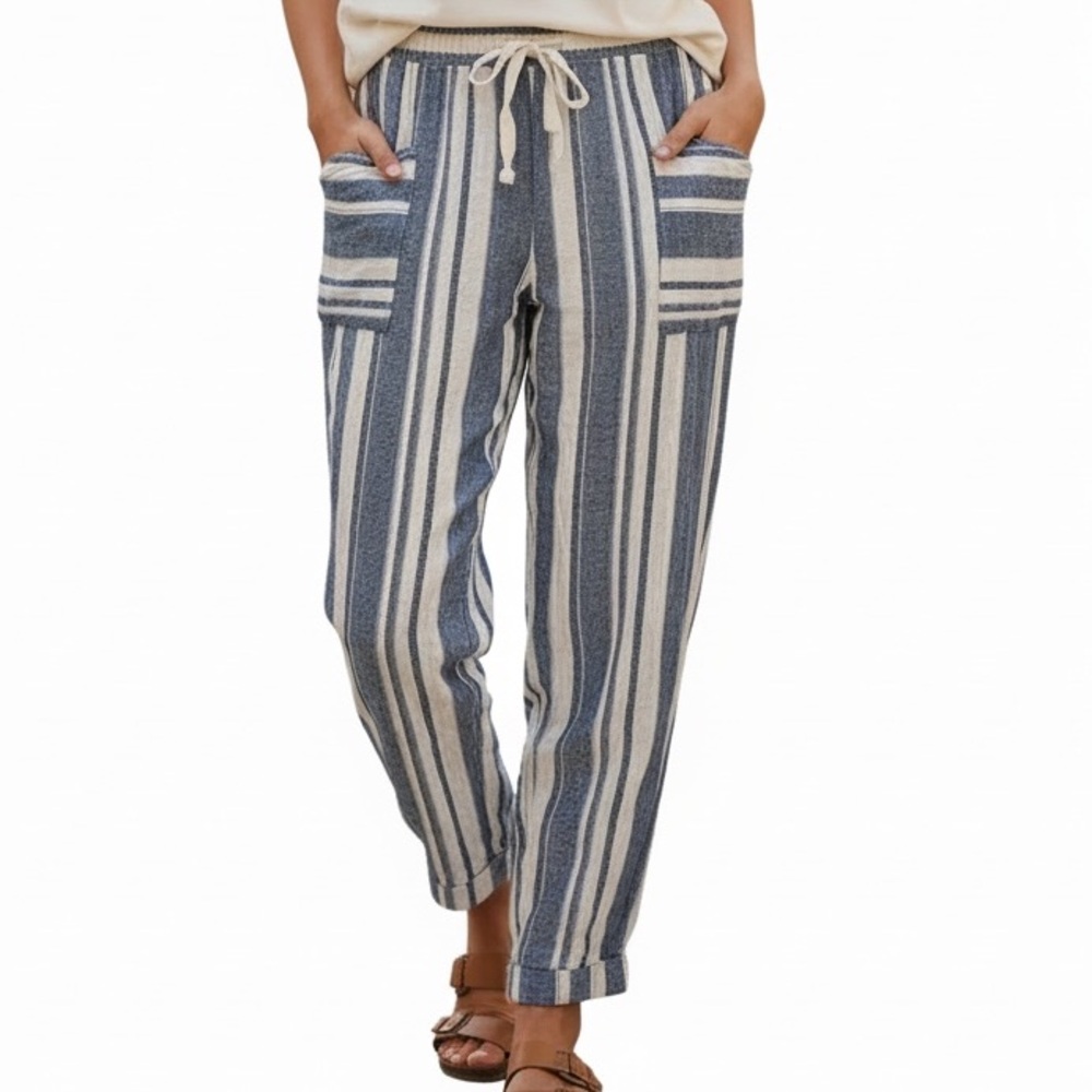 Blue and White Striped Joggers - linen feel.  Indigo Rein